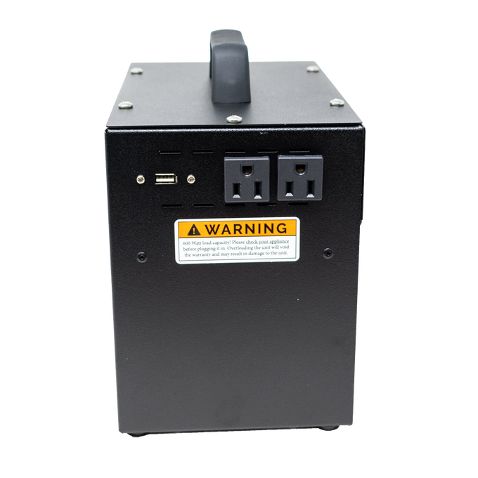 Compact black portable inverter with dual AC outlets and USB ports, featuring a sturdy handle and warning label, suitable for farm, garden, and emergency use.