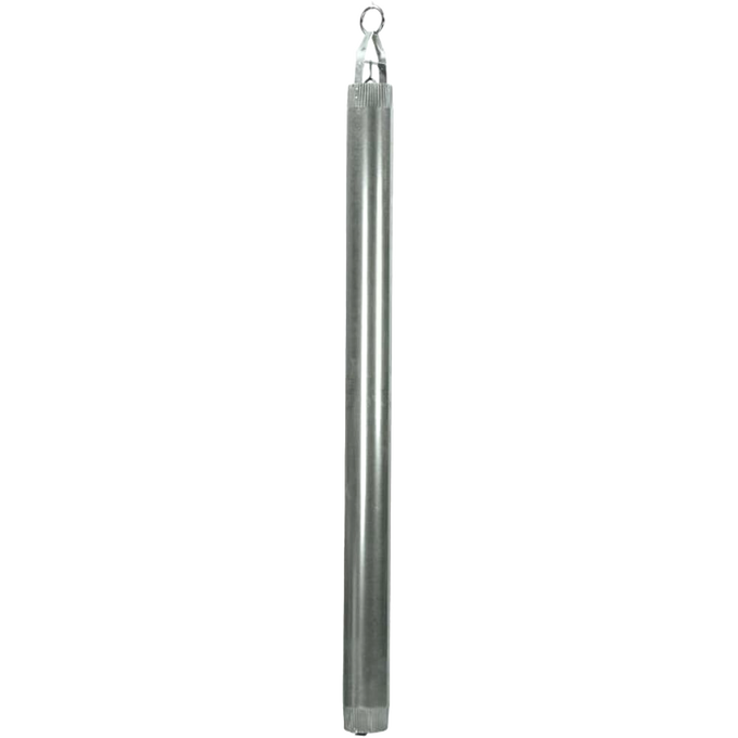 Long cylindrical galvanized steel well bucket with a watertight valve and reinforced construction, designed for reliable water retrieval in farm, garden, and emergency use.