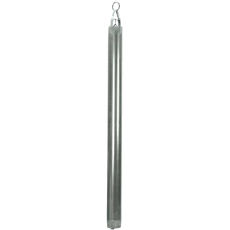 Long cylindrical galvanized steel well bucket with a watertight valve and reinforced construction, designed for reliable water retrieval in farm, garden, and emergency use.