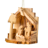 Handcrafted olive wood nativity scene ornament featuring silhouettes of the Holy Family inside a small rustic grotto, perfect for Home & Decor and Holiday Decor collections.