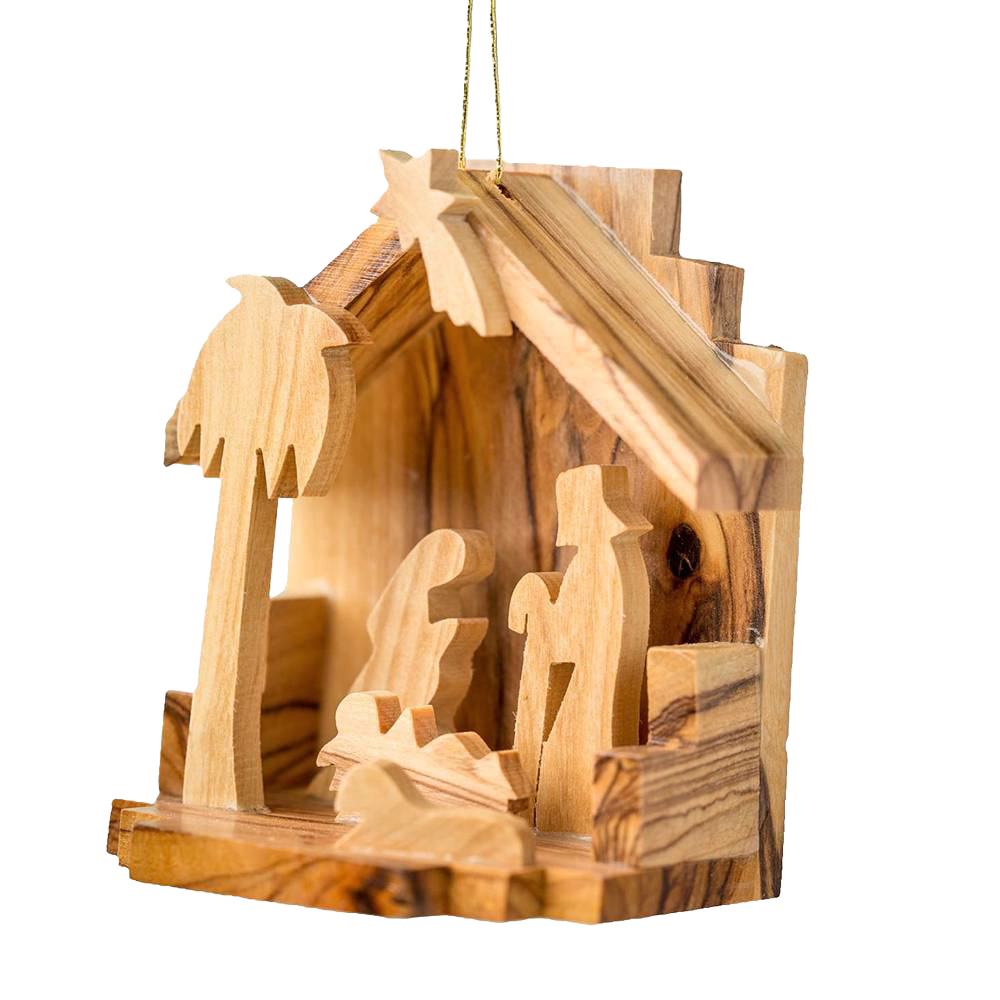 Handcrafted olive wood nativity scene ornament featuring silhouettes of the Holy Family inside a small rustic grotto, perfect for Home & Decor and Holiday Decor collections.