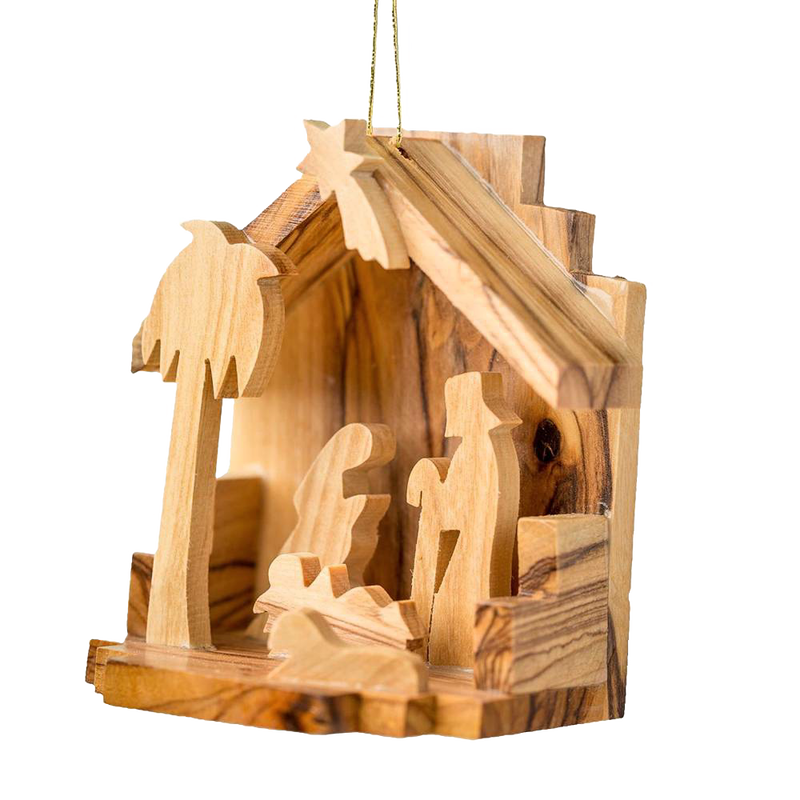 Handcrafted olive wood nativity scene ornament featuring silhouettes of the Holy Family inside a small rustic grotto, perfect for Home & Decor and Holiday Decor collections.