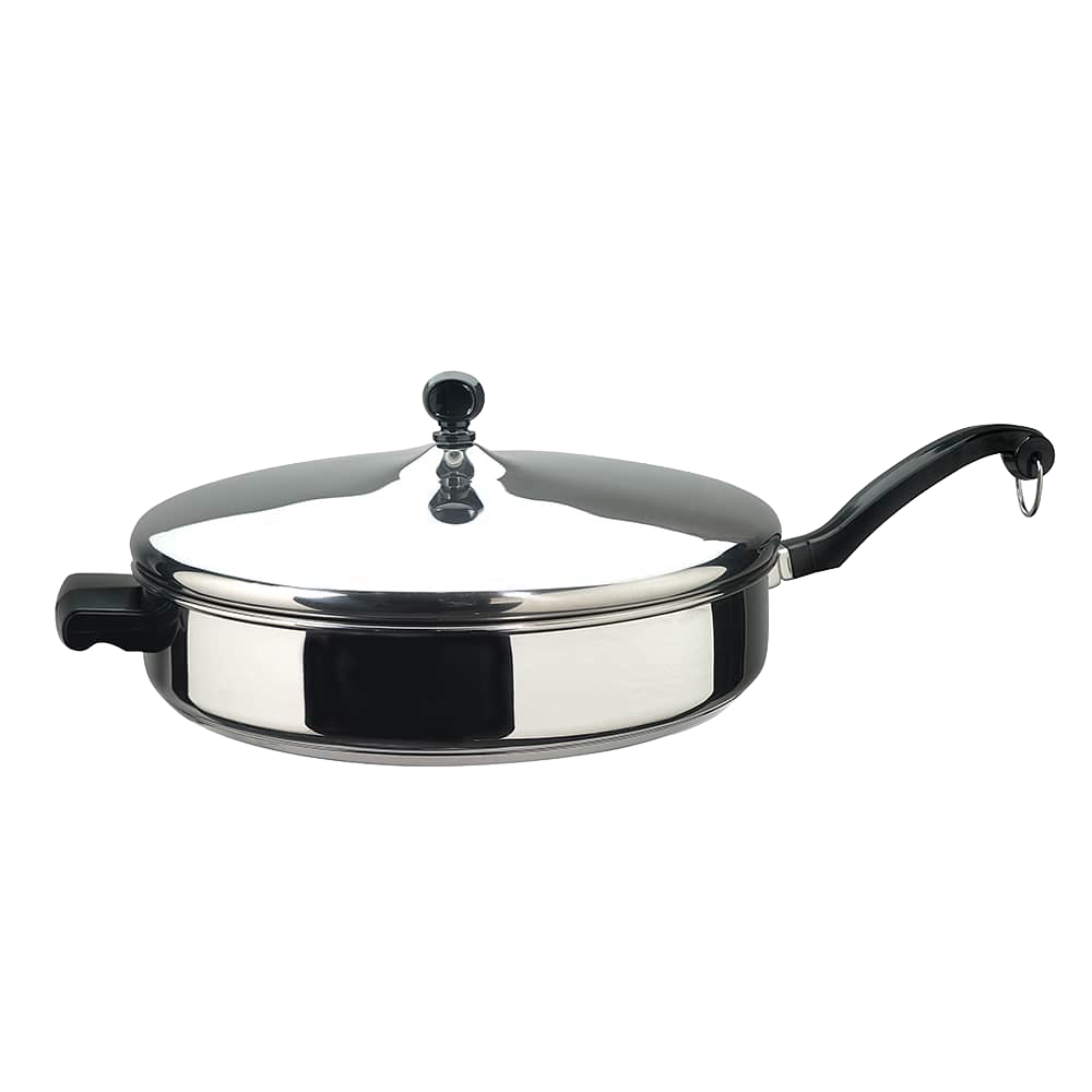 Classic stainless steel covered fry pan with black handle and lid knob, featuring heavy-duty construction, part of Kitchen & Food, Cookware, and Best Sellers collections.