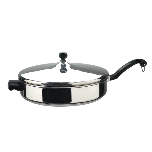 Classic stainless steel covered fry pan with black handle and lid knob, featuring heavy-duty construction, part of Kitchen & Food, Cookware, and Best Sellers collections.