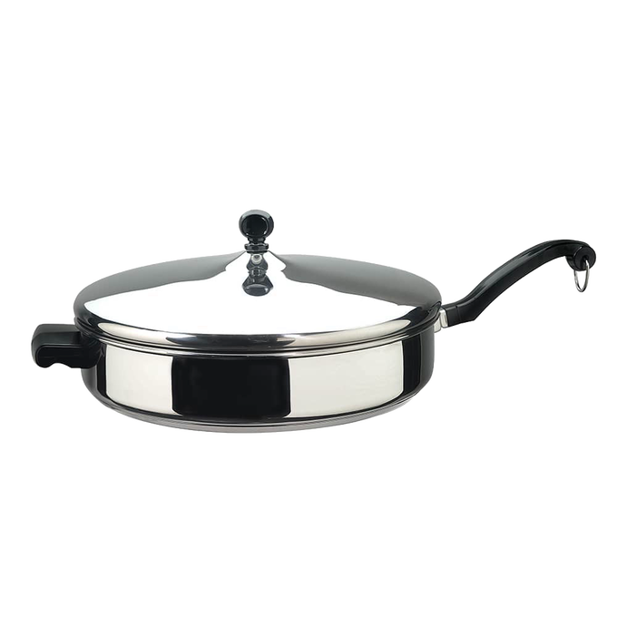 Classic stainless steel covered fry pan with black handle and lid knob, featuring heavy-duty construction, part of Kitchen & Food, Cookware, and Best Sellers collections.