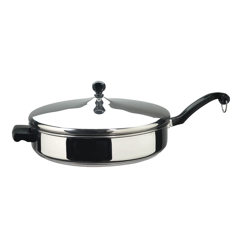 Classic stainless steel covered fry pan with black handle and lid knob, featuring heavy-duty construction, part of Kitchen & Food, Cookware, and Best Sellers collections.