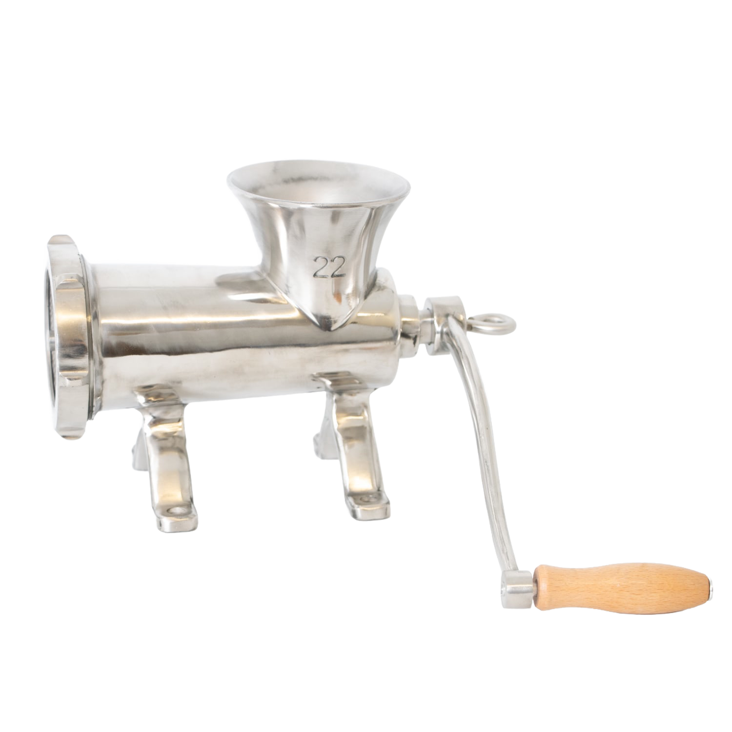 Polished stainless steel kitchen meat grinder with wooden handle and sturdy mounted base featuring pre-drilled holes, handcrafted for use in Kitchen & Food, Specialty Equipment, and Butchering Supplies collections.