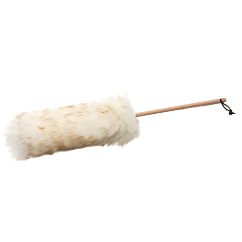 Handcrafted USA made lamb's wool duster with a natural wooden handle, designed to attract and lift dust gently from delicate surfaces, ideal for home cleaning and decor.