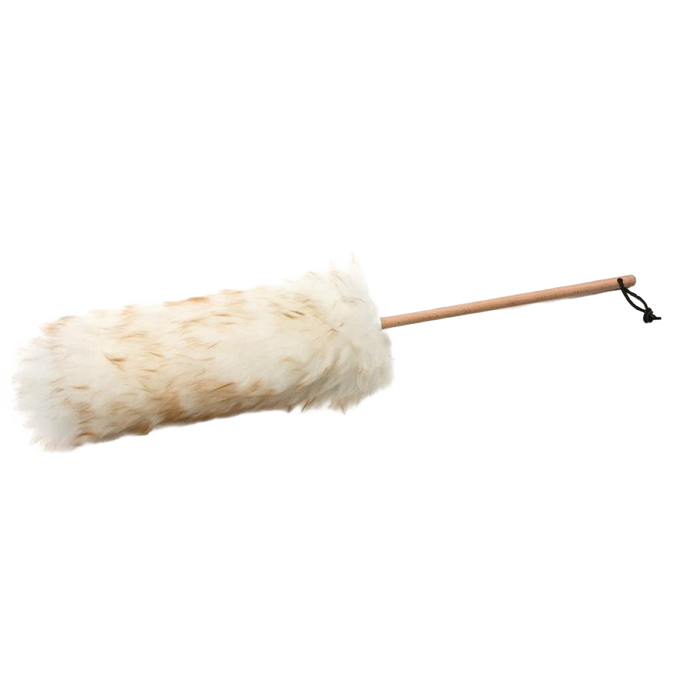 Handcrafted USA made lamb's wool duster with a natural wooden handle, designed to attract and lift dust gently from delicate surfaces, ideal for home cleaning and decor.