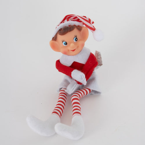 Vintage-inspired posable pixie elf ornament with striped red and white hat, fabric body, and white felt shoes, perfect for Home & Decor and Holiday Decor collections.