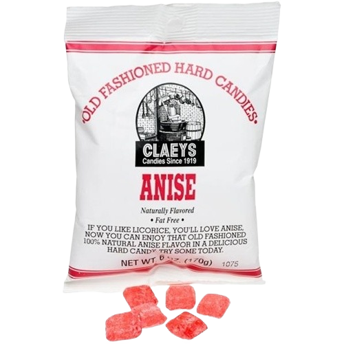 White bag of handcrafted anise flavored old-fashioned hard candies, naturally flavored and fat free, made in USA, featured in Kitchen & Food, Snacks and Sweets, USA Made, Best Sellers, and Promo Eligible collections.