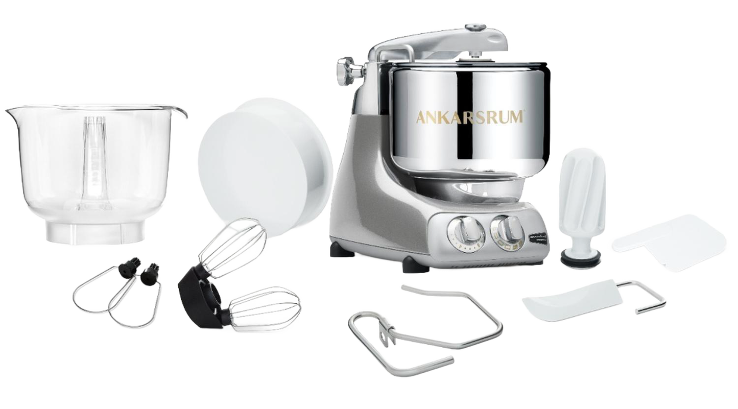 Handcrafted Ankarsrum Assistent Original stand mixer in silver with polished stainless steel bowl, featuring multiple attachments for Baking Supplies, Kitchen Gadgets, and Bread Making collections.