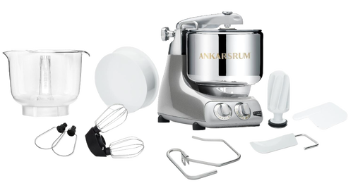 Handcrafted Ankarsrum Assistent Original stand mixer in silver with polished stainless steel bowl, featuring multiple attachments for Baking Supplies, Kitchen Gadgets, and Bread Making collections.