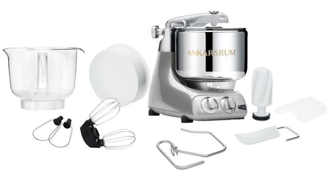 Handcrafted Ankarsrum Assistent Original stand mixer in silver with polished stainless steel bowl, featuring multiple attachments for Baking Supplies, Kitchen Gadgets, and Bread Making collections.