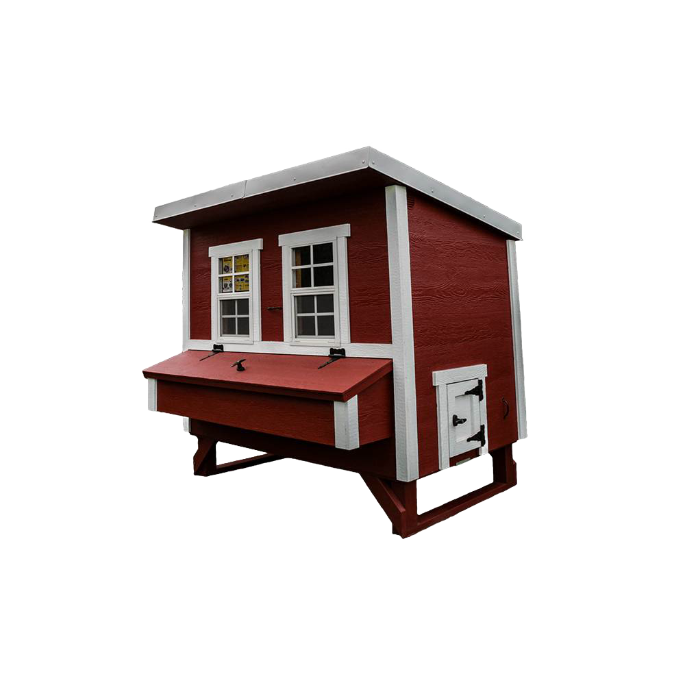 Handcrafted heavy-duty chicken coop in deep red with white trim, featuring two windows, a secure small door, and an extended nesting box, ideal for farm, garden & tool, chicken accessories, USA made, Amish made, and best sellers collections.