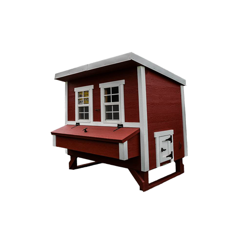 Handcrafted heavy-duty chicken coop in deep red with white trim, featuring two windows, a secure small door, and an extended nesting box, ideal for farm, garden & tool, chicken accessories, USA made, Amish made, and best sellers collections.