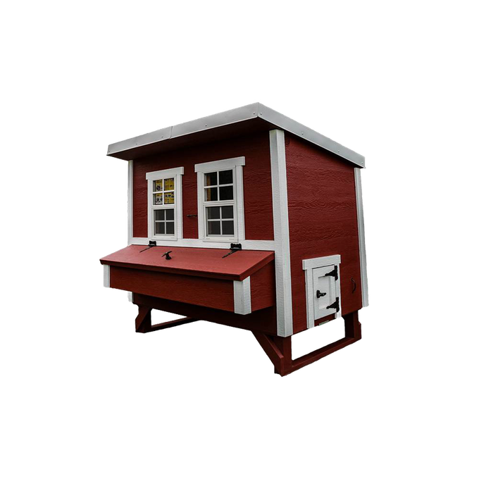 Handcrafted heavy-duty chicken coop in deep red with white trim, featuring two windows, a secure small door, and an extended nesting box, ideal for farm, garden & tool, chicken accessories, USA made, Amish made, and best sellers collections.