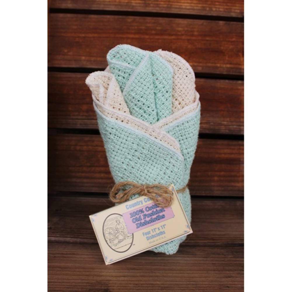 Set of four pre-shrunk 100% cotton dishcloths in soft mint green and natural cream, tied with twine, featured in Kitchen & Food, Kitchen Textiles, USA Made, Best Sellers, and Promo Eligible collections.