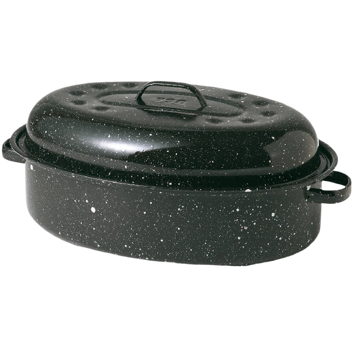 Handcrafted large oval graniteware roaster in black enamel-on-steel with speckled finish, featuring a domed lid with interior dimples for self-basting, ideal for Kitchen & Food, Cookware, Pots and Pans, and Best Sellers collections.