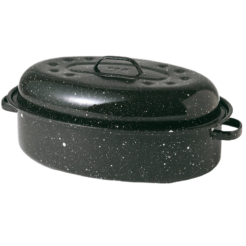 Handcrafted large oval graniteware roaster in black enamel-on-steel with speckled finish, featuring a domed lid with interior dimples for self-basting, ideal for Kitchen & Food, Cookware, Pots and Pans, and Best Sellers collections.