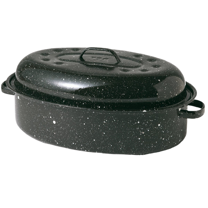 Handcrafted large oval graniteware roaster in black enamel-on-steel with speckled finish, featuring a domed lid with interior dimples for self-basting, ideal for Kitchen & Food, Cookware, Pots and Pans, and Best Sellers collections.