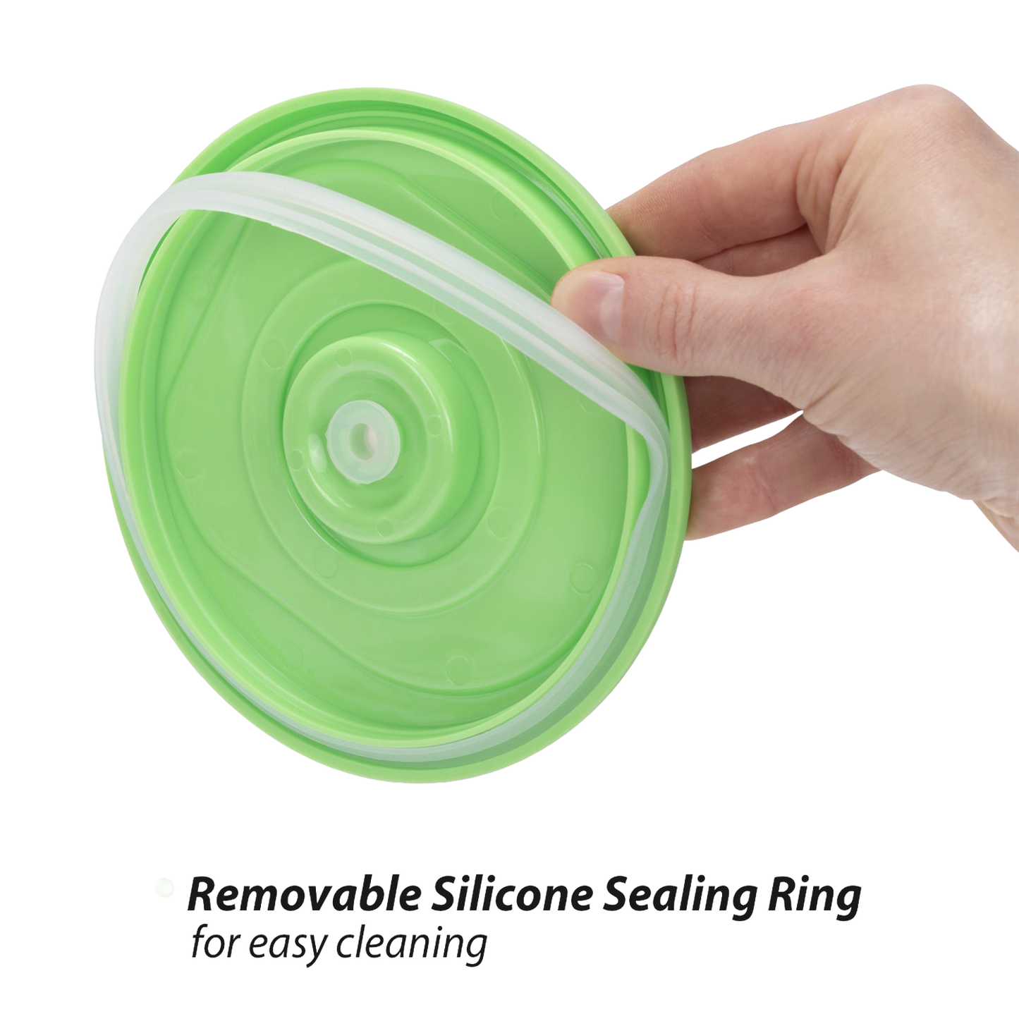 Hand holding a removable green silicone sealing ring designed for vacuum seal containers, part of Kitchen & Food storage and Food Preservation collections.