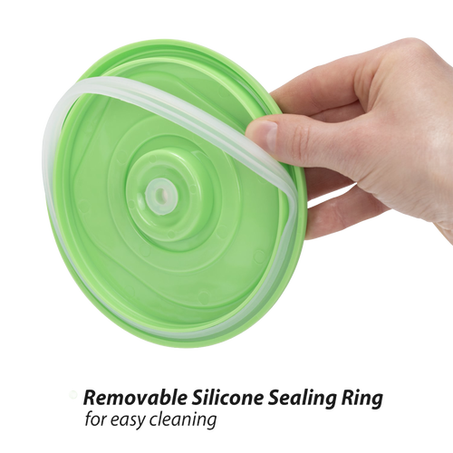Hand holding a removable green silicone sealing ring designed for vacuum seal containers, part of Kitchen & Food storage and Food Preservation collections.