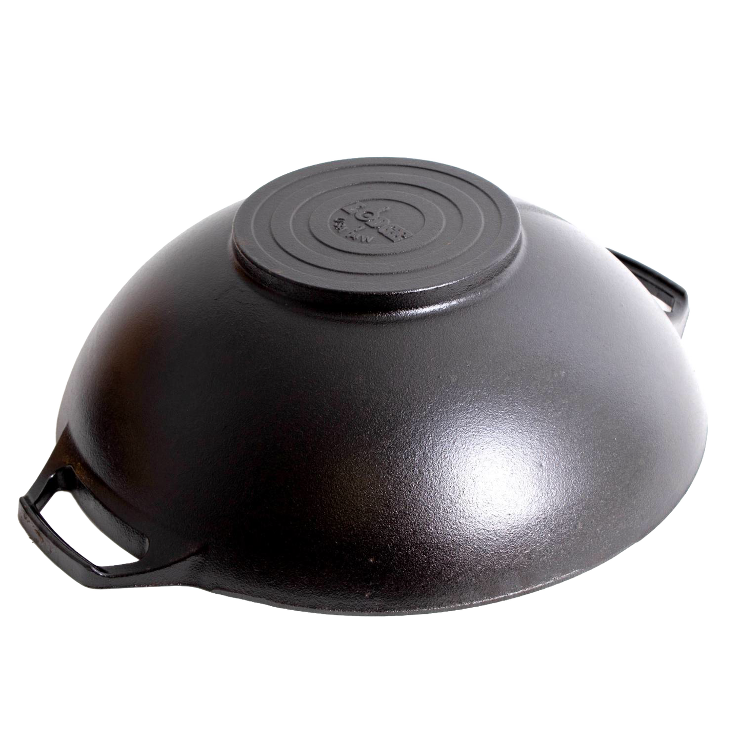 Heavy-duty cast iron wok with wide flat base and dual handles, featuring durable construction and excellent heat retention, ideal for Kitchen & Food and Cast Iron cookware collections.