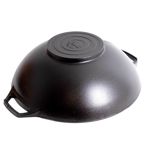 Heavy-duty cast iron wok with wide flat base and dual handles, featuring durable construction and excellent heat retention, ideal for Kitchen & Food and Cast Iron cookware collections.