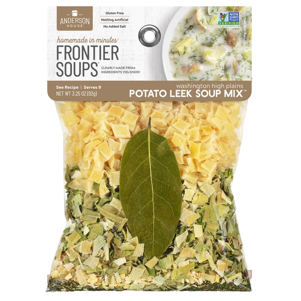 Handcrafted gluten-free potato leek soup mix with all-natural ingredients including dried vegetables and a whole bay leaf, featured in Kitchen & Food, Pantry, Soups, Best Sellers, and Promo Eligible collections.