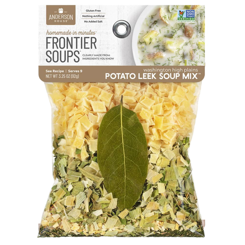 Handcrafted gluten-free potato leek soup mix with all-natural ingredients including dried vegetables and a whole bay leaf, featured in Kitchen & Food, Pantry, Soups, Best Sellers, and Promo Eligible collections.