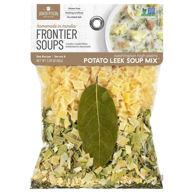 Handcrafted gluten-free potato leek soup mix with all-natural ingredients including dried vegetables and a whole bay leaf, featured in Kitchen & Food, Pantry, Soups, Best Sellers, and Promo Eligible collections.
