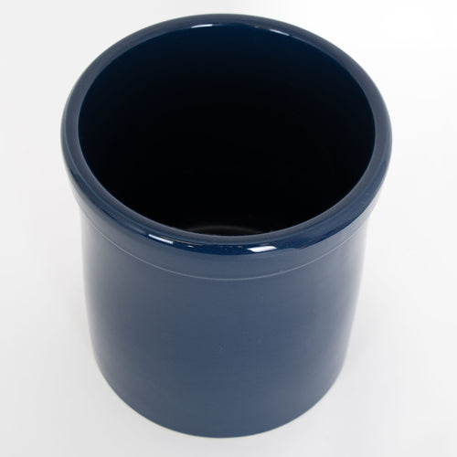 Handcrafted 1-gallon stoneware crock with smooth, food-safe glaze in deep blue, perfect for Kitchen & Food, Food Preservation, and Fermenting and Pickling, made in USA.