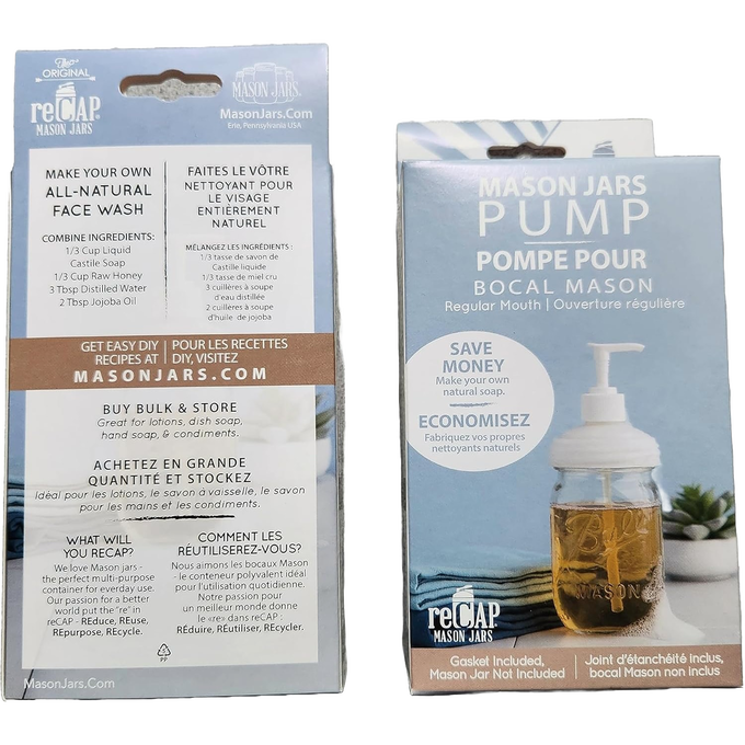 Blue and white packaged reCAP pump lid for regular-mouth mason jars, promoting eco-friendly dispensing of homemade natural face wash and soap, featured in Health & Wellness and Home & Decor collections.