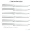 Set of six handcrafted stainless steel utility knives with straight-edge blades and smooth metal handles, made in USA, ideal for kitchen food preparation and cutting tasks.
