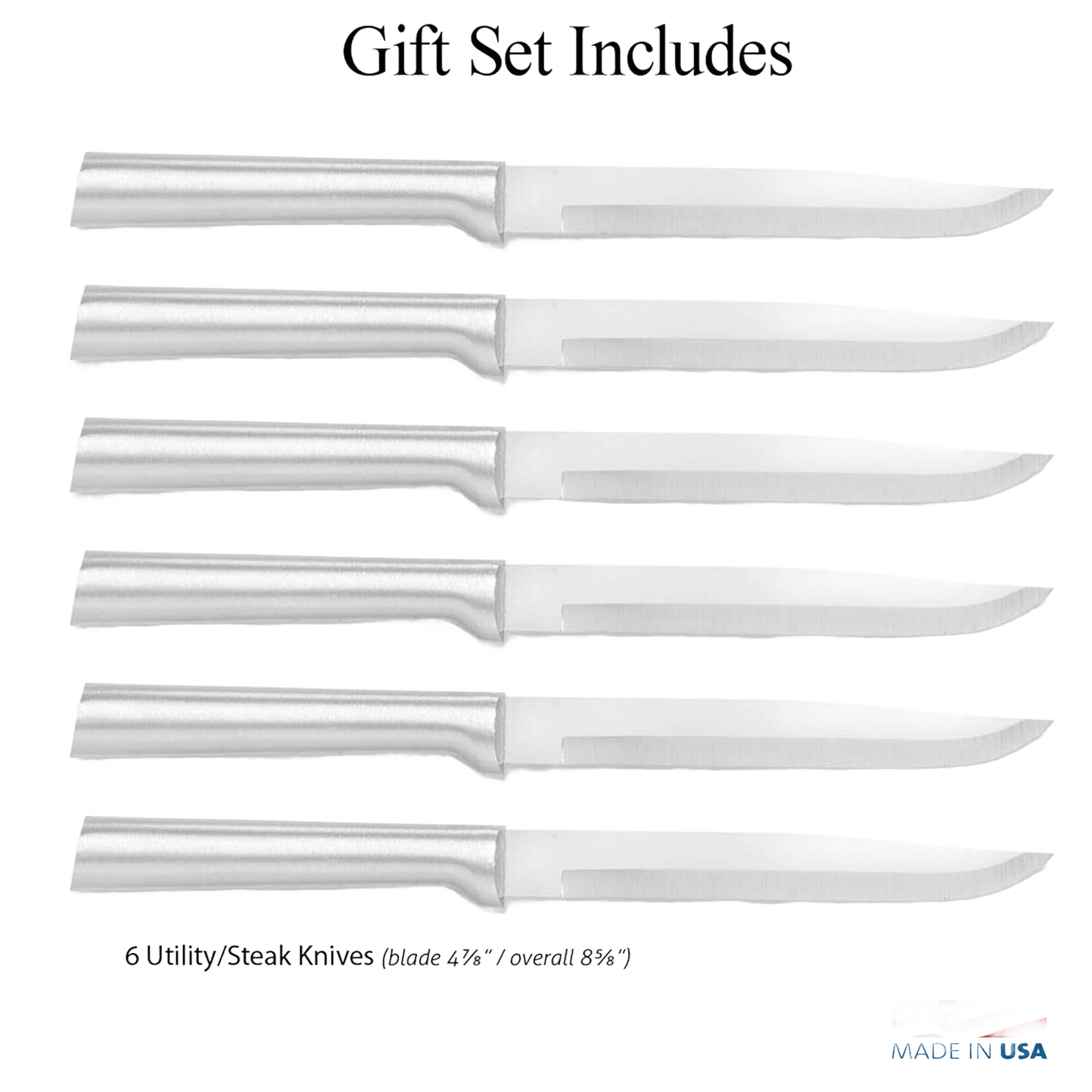Set of six handcrafted stainless steel utility knives with straight-edge blades and smooth metal handles, made in USA, ideal for kitchen food preparation and cutting tasks.