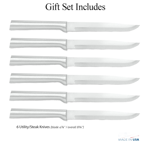 Set of six handcrafted stainless steel utility knives with straight-edge blades and smooth metal handles, made in USA, ideal for kitchen food preparation and cutting tasks.