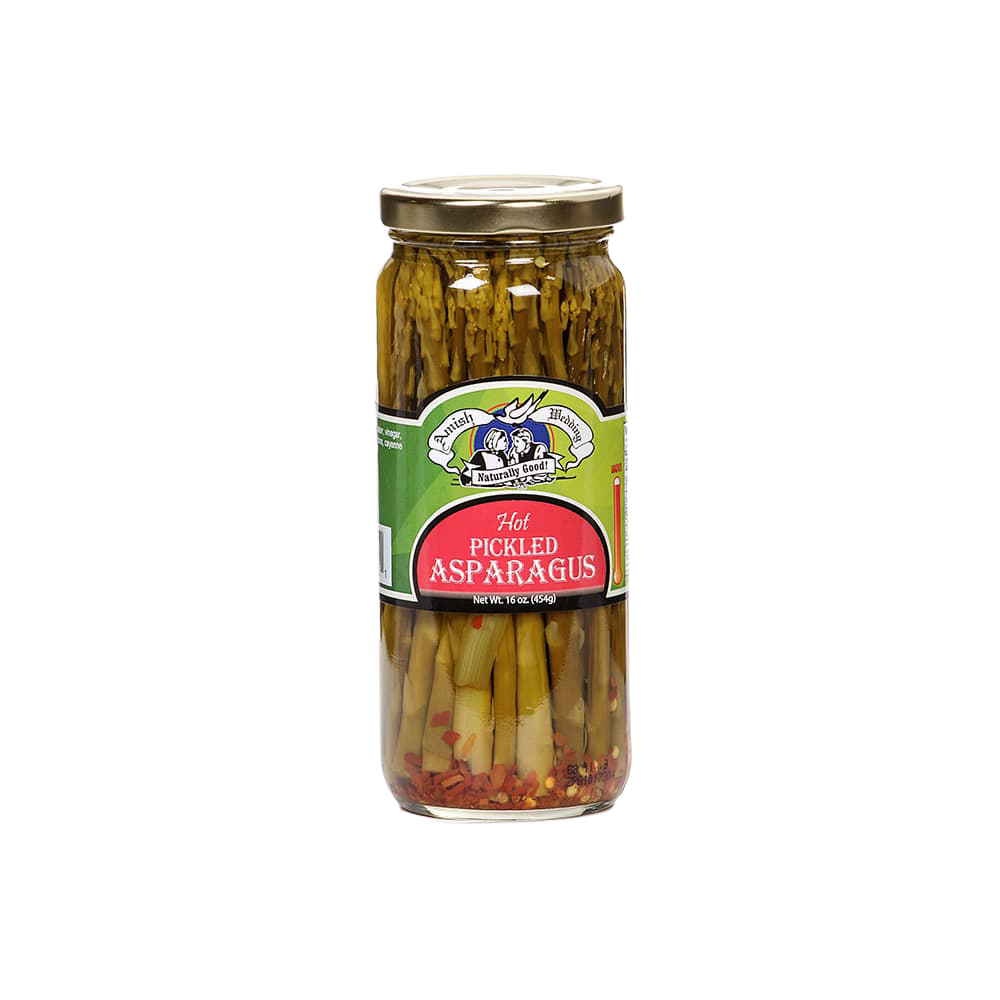 Glass jar of handcrafted pickled asparagus with spicy red pepper flakes, made in the USA, perfect for Kitchen & Food, Pantry, and Best Sellers collections.
