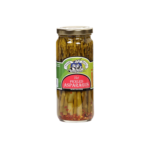 Glass jar of handcrafted pickled asparagus with spicy red pepper flakes, made in the USA, perfect for Kitchen & Food, Pantry, and Best Sellers collections.