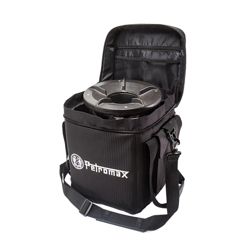 Durable black ripstop fabric transport bag with reinforced walls and removable shoulder strap, designed for safely carrying an outdoor stove, ideal for camping and farm use.