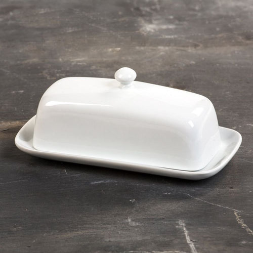 Classic white porcelain butter dish with knob, sturdy two-piece design, ideal for Kitchen & Food, Specialty Equipment, Making Butter, Storage and Serving, Best Sellers, and Promo Eligible collections.