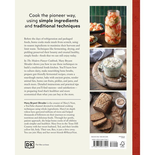 Back cover of a handcrafted cookbook featuring detailed text about traditional cooking techniques, with images of fermented vegetables in a jar, cultured dairy in a bowl, and sliced homemade bread, part of best sellers in books and cookbooks collections.