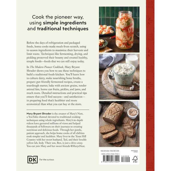 Back cover of a handcrafted cookbook featuring detailed text about traditional cooking techniques, with images of fermented vegetables in a jar, cultured dairy in a bowl, and sliced homemade bread, part of best sellers in books and cookbooks collections.