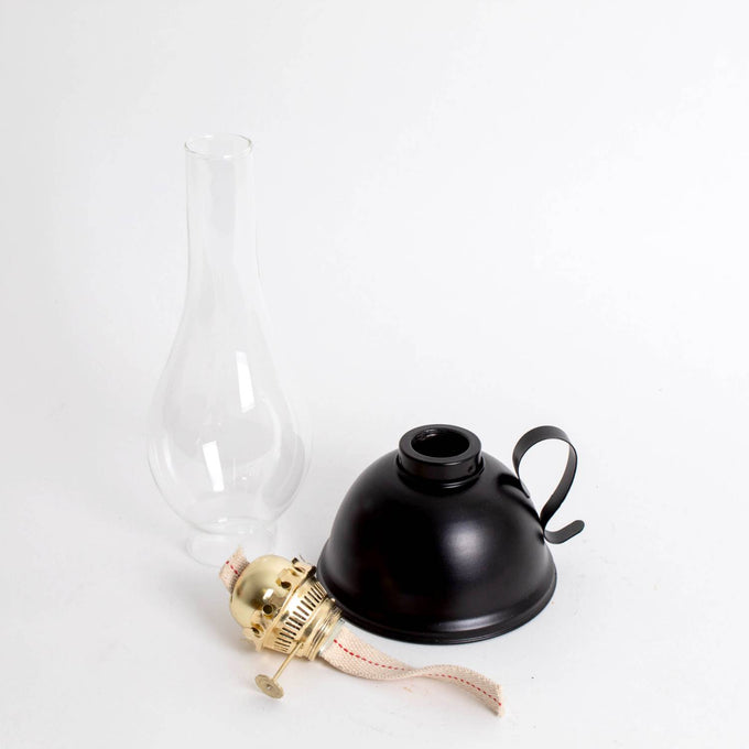 Vintage-style oil lamp components including a classic steel font with curved handle, clear glass chimney, and brass burner, perfect for Farm, Garden & Tool and Emergency Supplies collections.