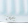 Close-up of a clear glass oil lamp shade with an etched genuine Aladdin trademark logo, highlighting quality craftsmanship for Farm, Garden & Tool and Lamps & Lighting collections.