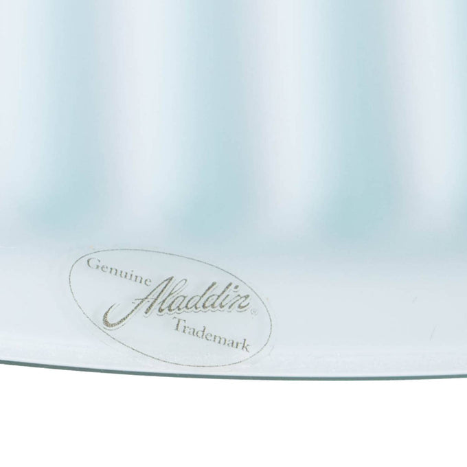Close-up of a clear glass oil lamp shade with an etched genuine Aladdin trademark logo, highlighting quality craftsmanship for Farm, Garden & Tool and Lamps & Lighting collections.