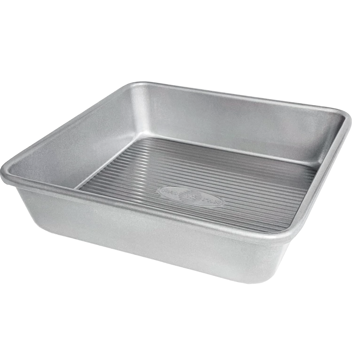 Heavy gauge aluminized steel square cake pan with seamless design and nonstick silicone coating, ideal for baking cakes and brownies, part of Kitchen & Food and USA Made collections.
