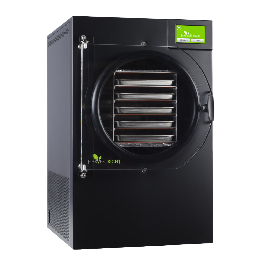 Sleek black freeze dryer with clear door revealing multiple stainless steel trays inside, featuring a green touchscreen control panel, designed for Kitchen & Food, Food Preservation, Freezing, Drying, and Best Sellers collections.