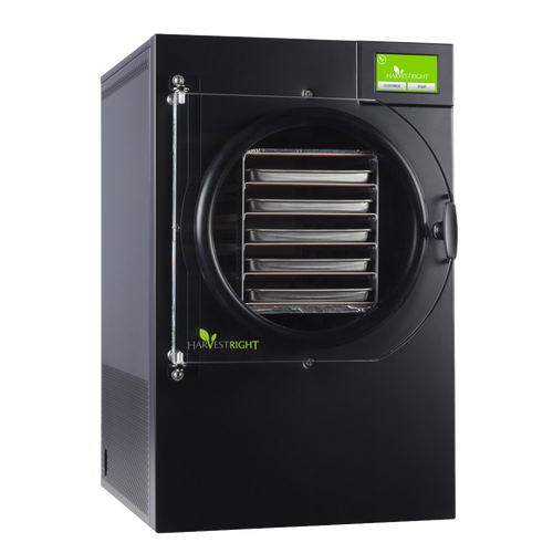 Sleek black freeze dryer with clear door revealing multiple stainless steel trays inside, featuring a green touchscreen control panel, designed for Kitchen & Food, Food Preservation, Freezing, Drying, and Best Sellers collections.