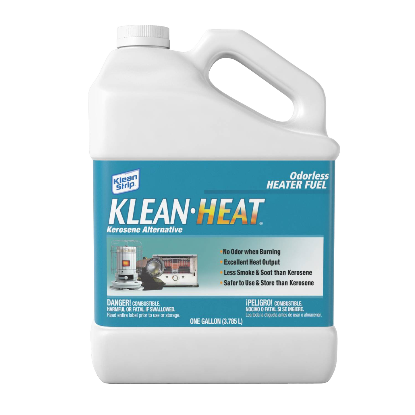 White plastic 1-gallon jug of odorless heater fuel labeled as kerosene alternative, featuring safety warnings, designed for farm, garden, lamps, emergency supplies, and lighting use.